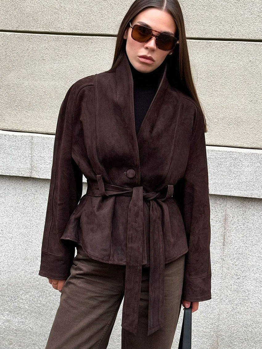 Maeve | Womens Belted Longline Faux Suede Winter Autumn Brown Light Jacket - 1