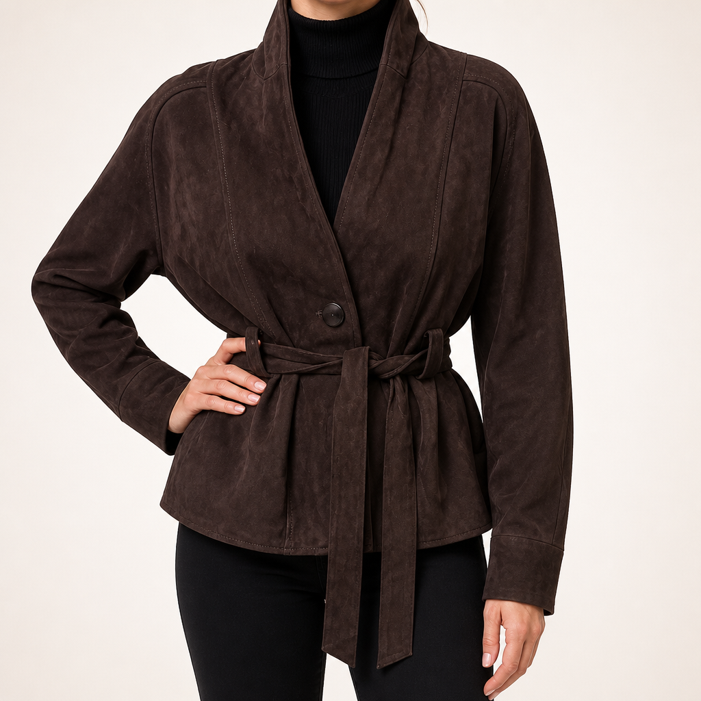 Maeve | Womens Suede Jacket Belted Longline Autumn Fall Ladies Brown Jacket, Dark Brown