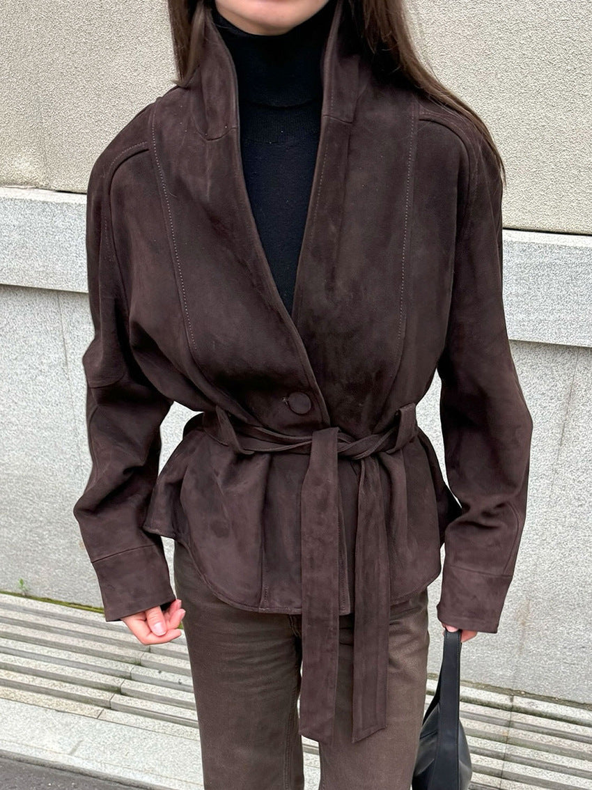 Maeve | Womens Belted Longline Faux Suede Winter Autumn Brown Light Jacket - Dark Brown