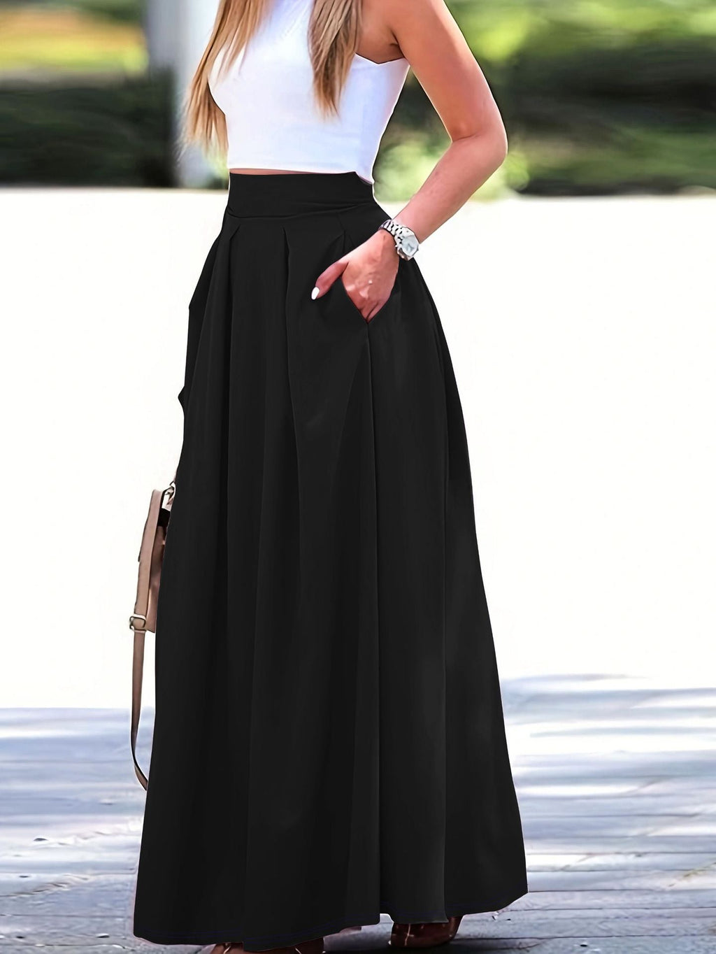 Maeve | Womens Plus Size High Waisted A Line Long Maxi Skirt - Black