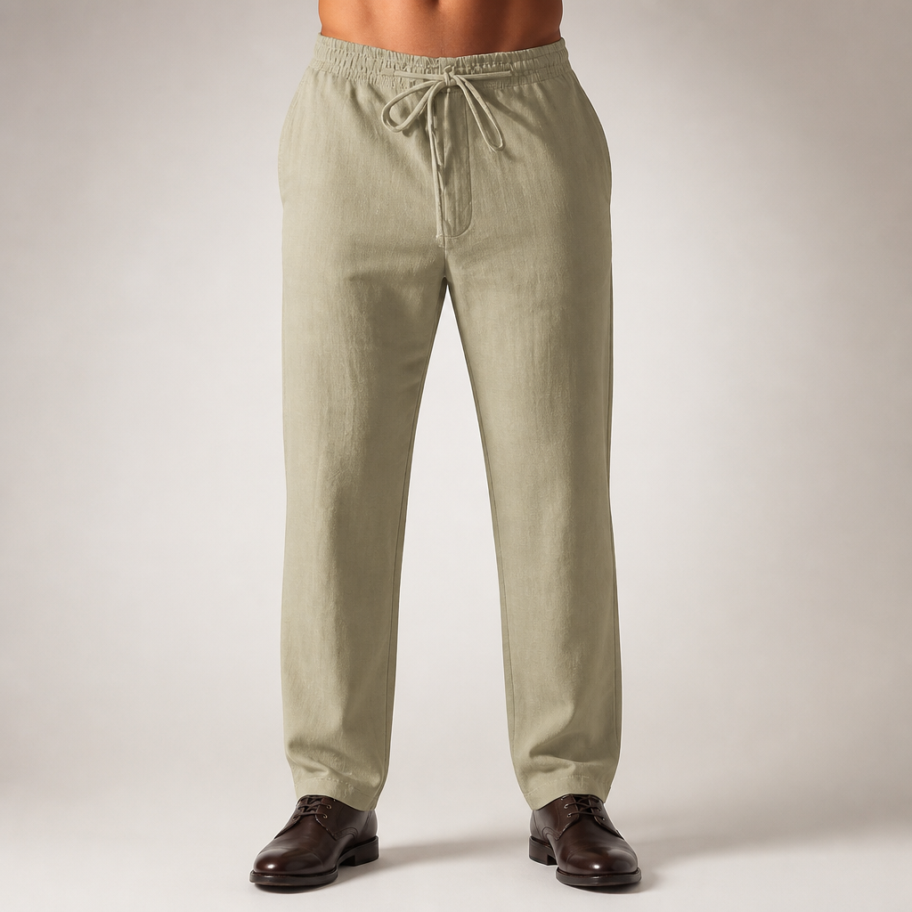 Magnus | Mens Linen Straight Breathable Casual Summer Lightweight Trousers, Khaki