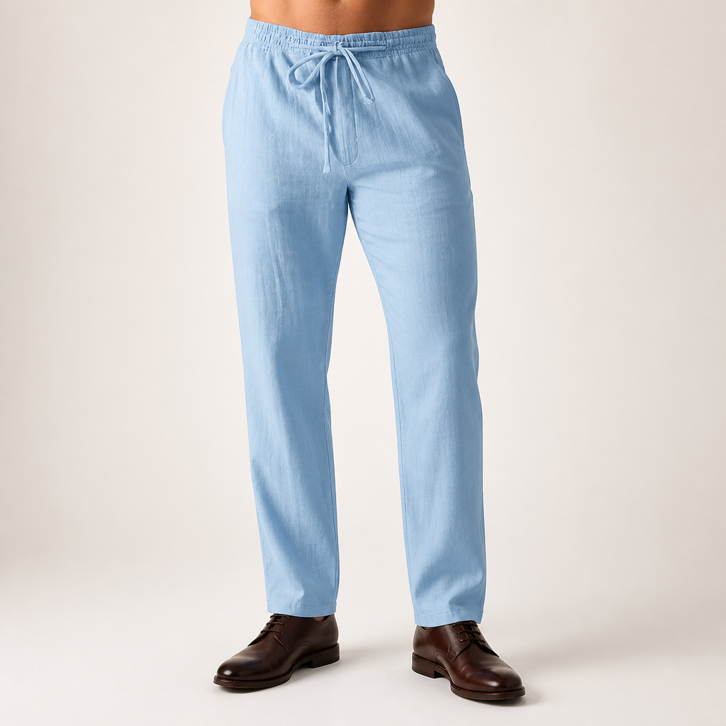 Magnus | Mens Linen Straight Breathable Casual Summer Lightweight Trousers, Light Blue