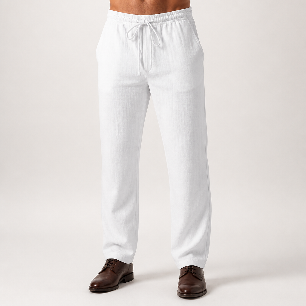 Magnus | Mens Linen Straight Breathable Casual Summer Lightweight Trousers, White