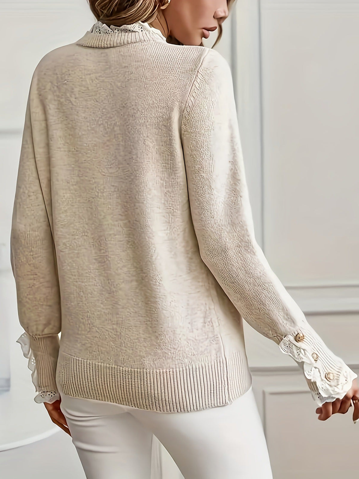 Maisie | Womens Lace Trim Crew Neck Knit Sweater, Apricot