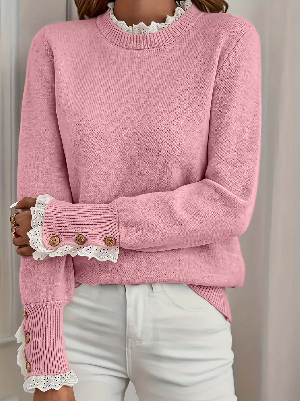 Maisie | Womens Lace Trim Crew Neck Knit Sweater, Pink