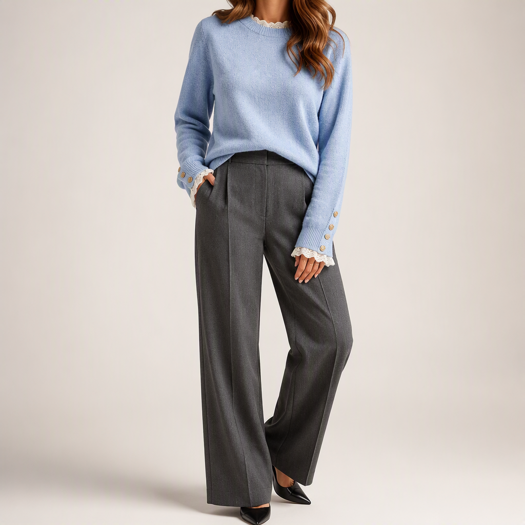 Maisie | Womens Lace Trim Crew Neck Knitted Jumper, Sky Blue