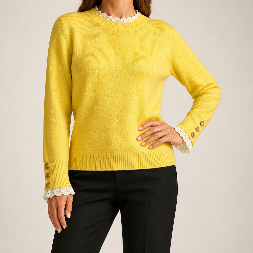 Maisie | Womens Lace Trim Crew Neck Knitted Jumper, Yellow