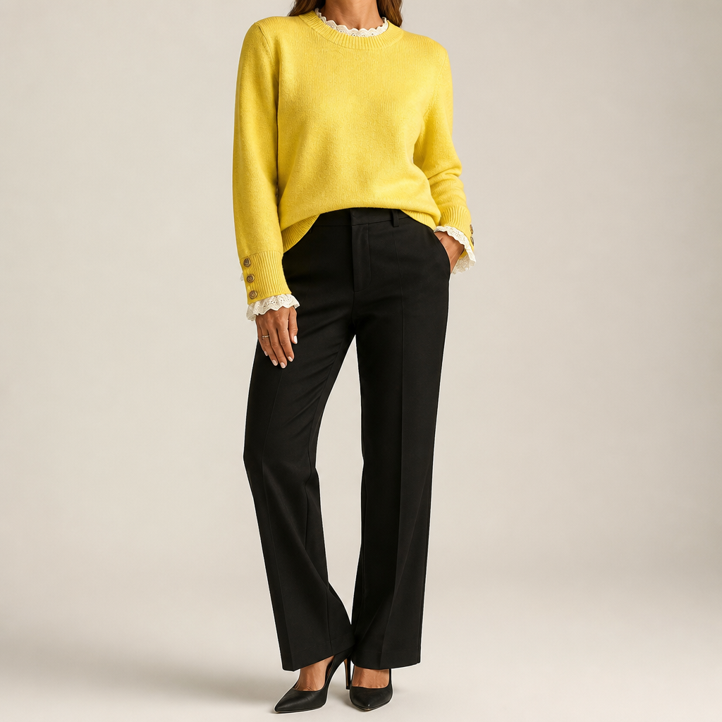 Maisie | Womens Lace Trim Crew Neck Knitted Jumper, Yellow