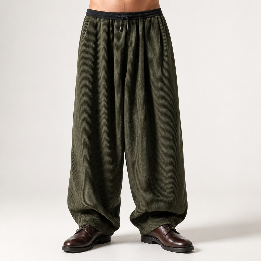 Marcus | Mens Corduroy Wide Leg Casual Loose Straight Trousers, Army Green