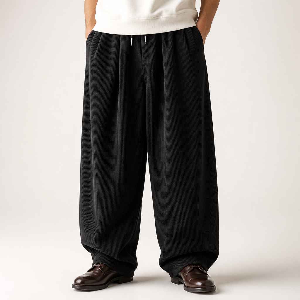Marcus | Mens Corduroy Wide Leg Casual Loose Straight Trousers, Black
