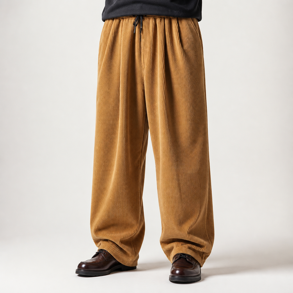 Marcus | Mens Corduroy Wide Leg Casual Loose Straight Trousers, Khaki