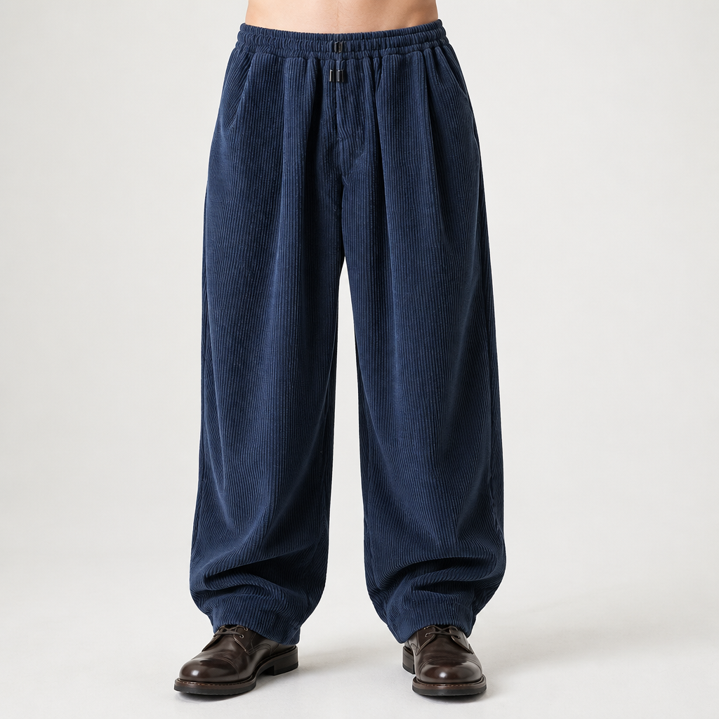 Marcus | Mens Corduroy Wide Leg Casual Loose Straight Trousers, Navy