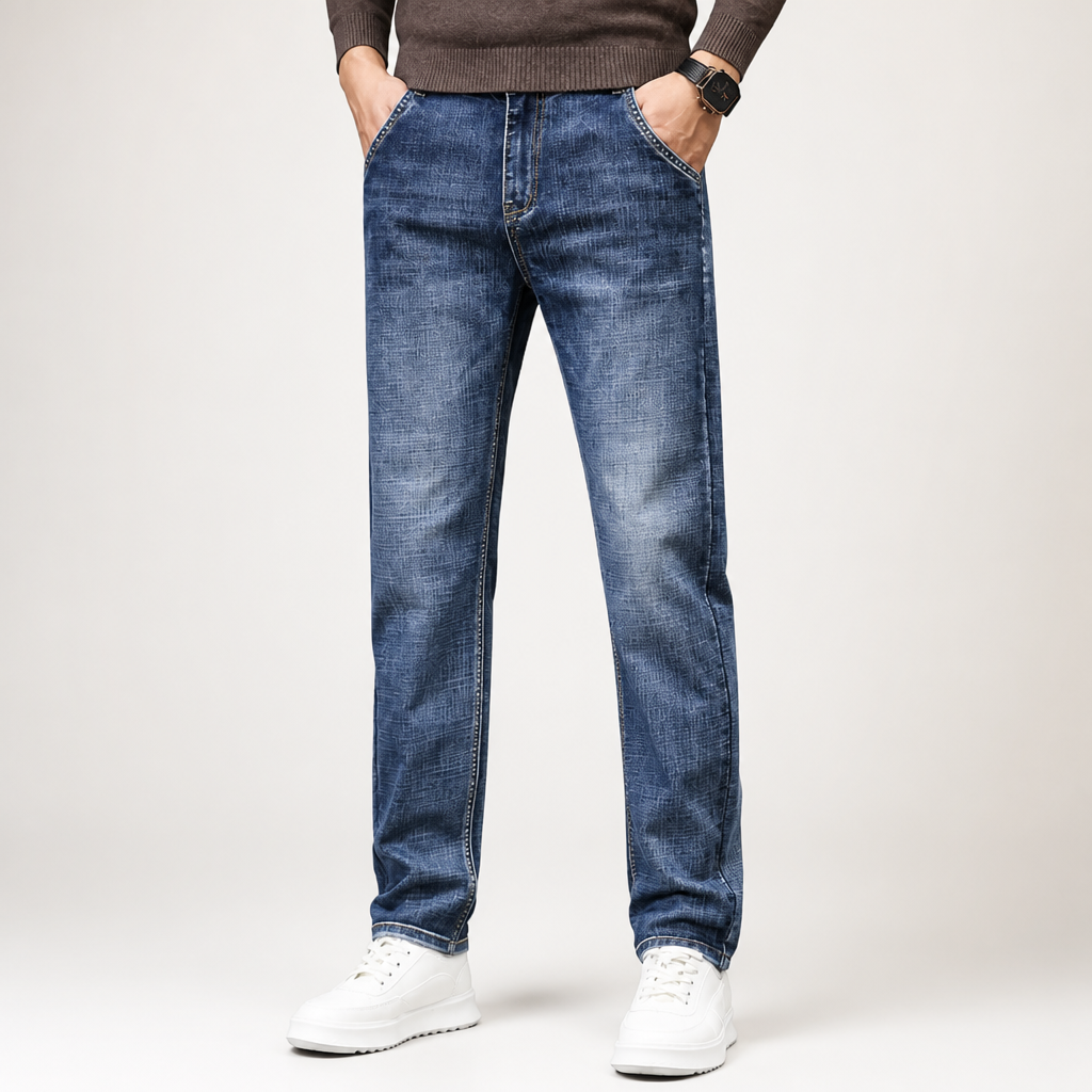 Marcus | Mens Stretch Straight Tapered Slim Fit Jeans, Blue Fleece