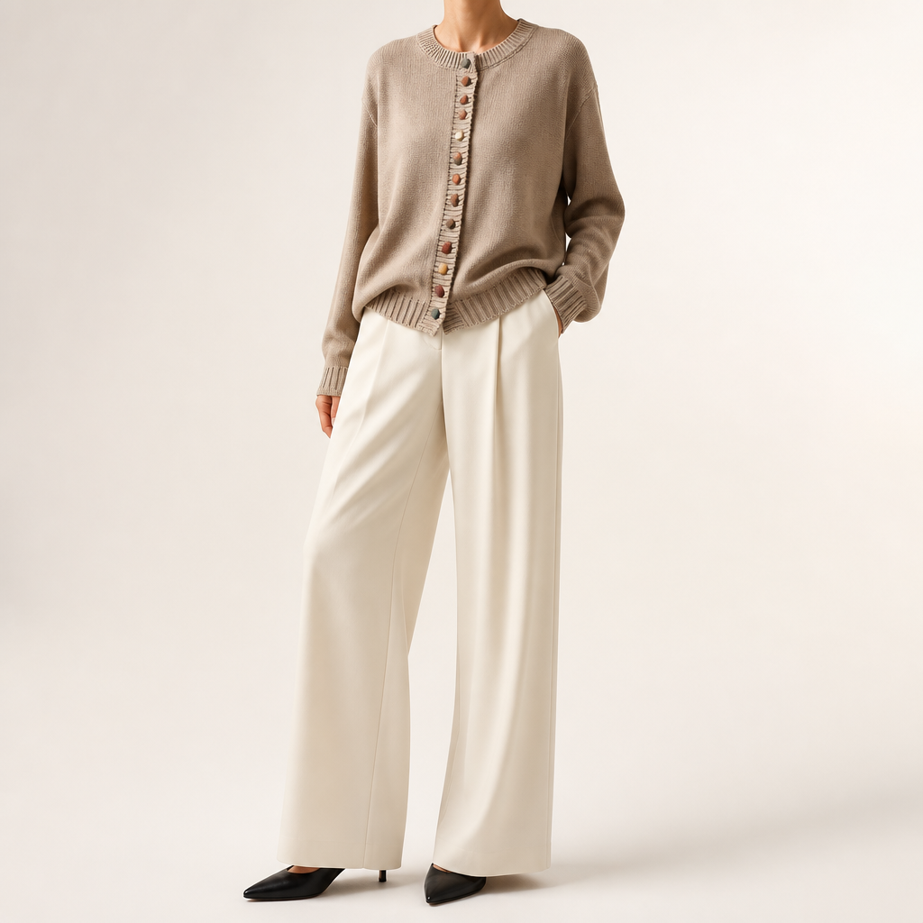 Maren | Womens Knitted Cardigan Button Front Long Sleeve Jumper, Light Khaki