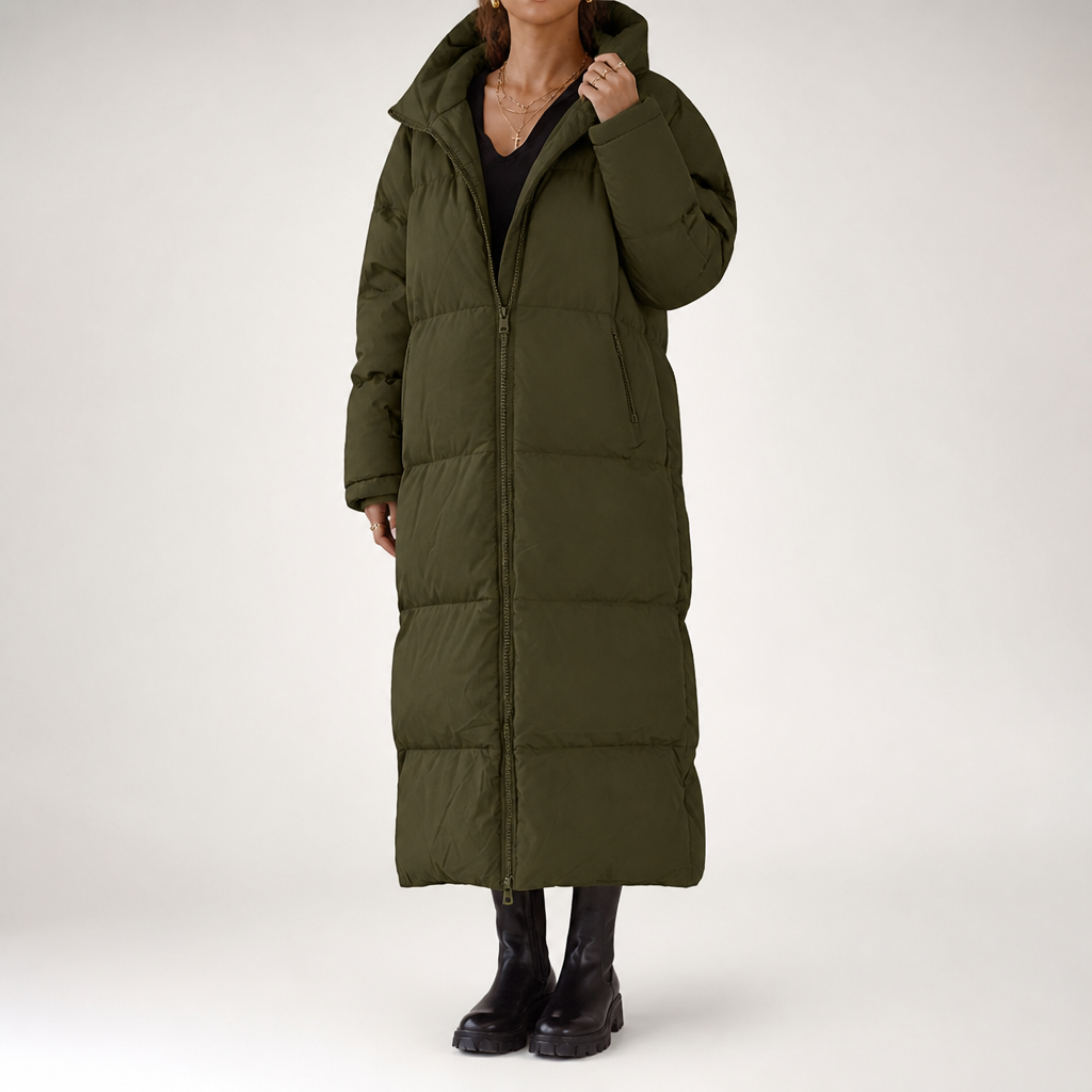 Maren | Womens Long Hooded Puffer Winter Coat, Army Green
