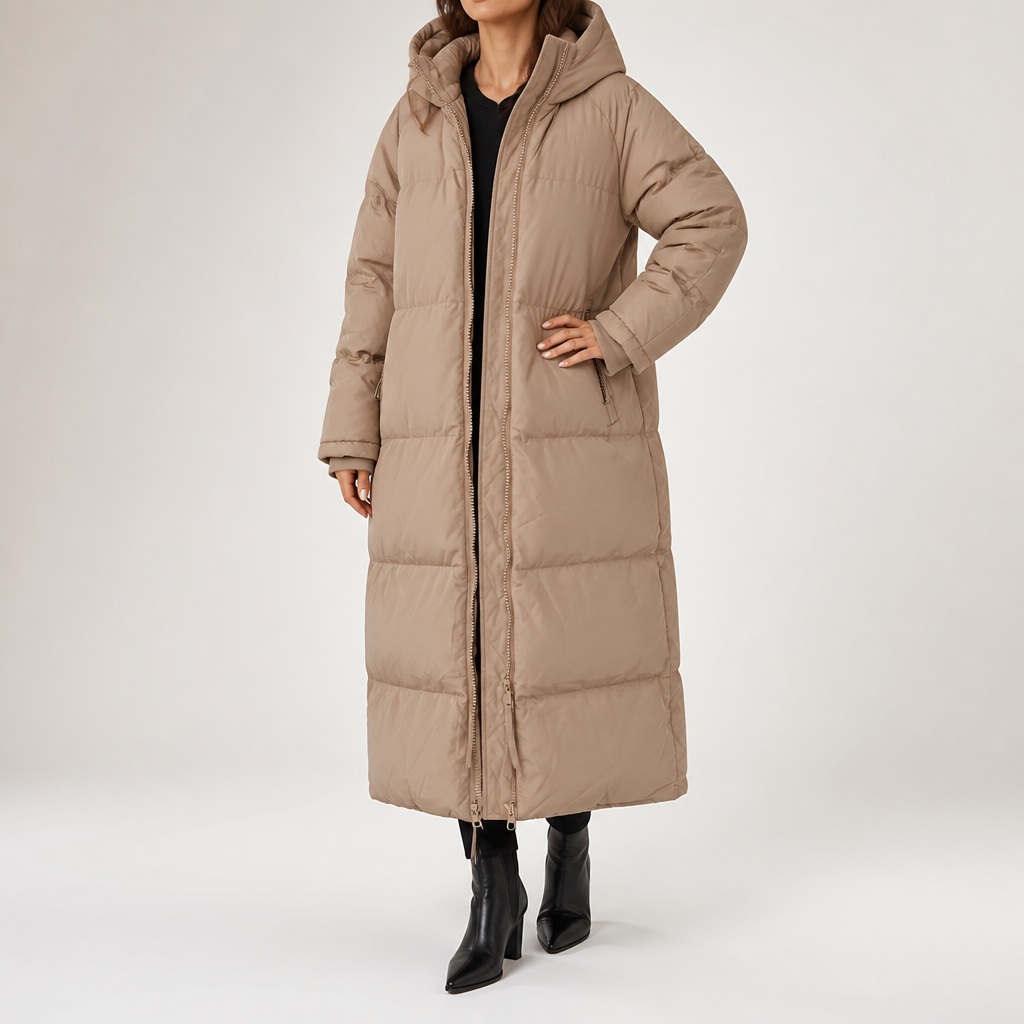 Maren | Womens Long Hooded Puffer Winter Coat, Camel