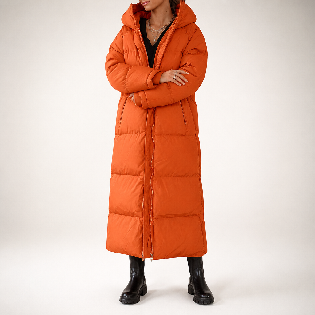 Maren | Womens Long Hooded Puffer Winter Coat, Orange