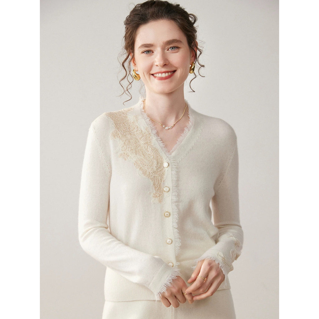 Margaux | Womens Lace Trim Cashmere V Neck Cardigan Knitted Jumper - 1