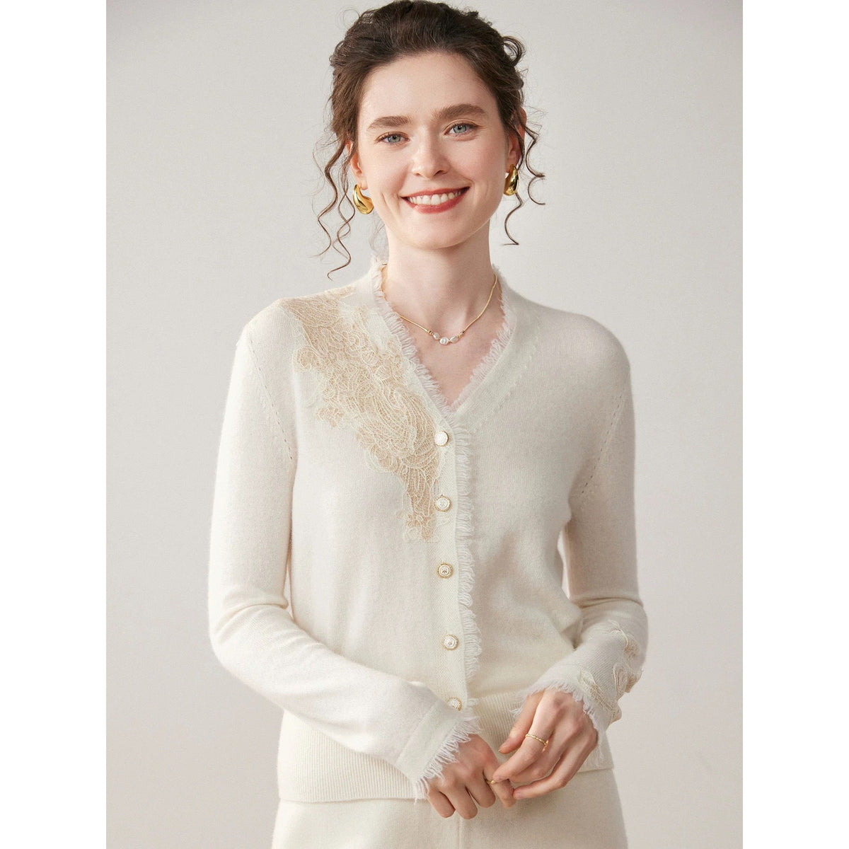 Margaux | Womens Lace Trim Cashmere V Neck Cardigan Knitted Jumper - 2