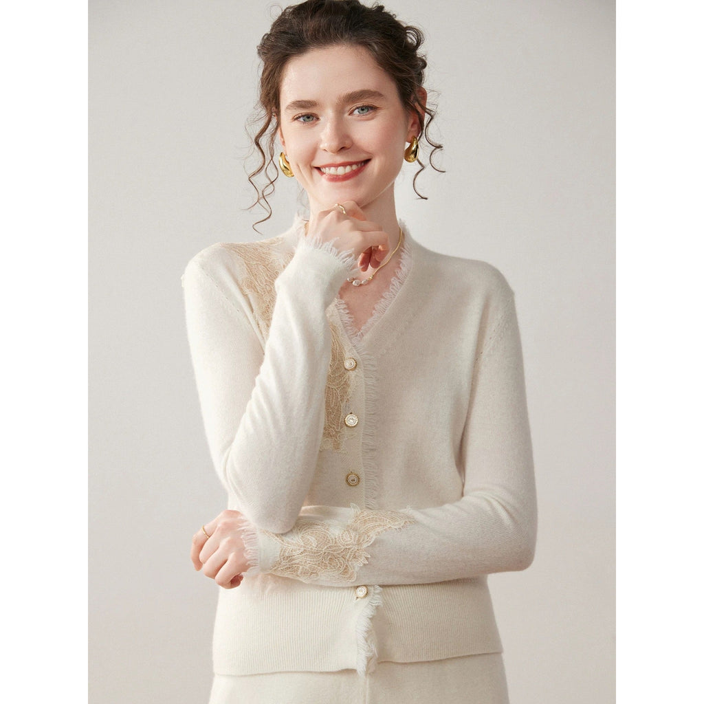 Margaux | Womens Lace Trim Cashmere V Neck Cardigan Knitted Jumper - 3