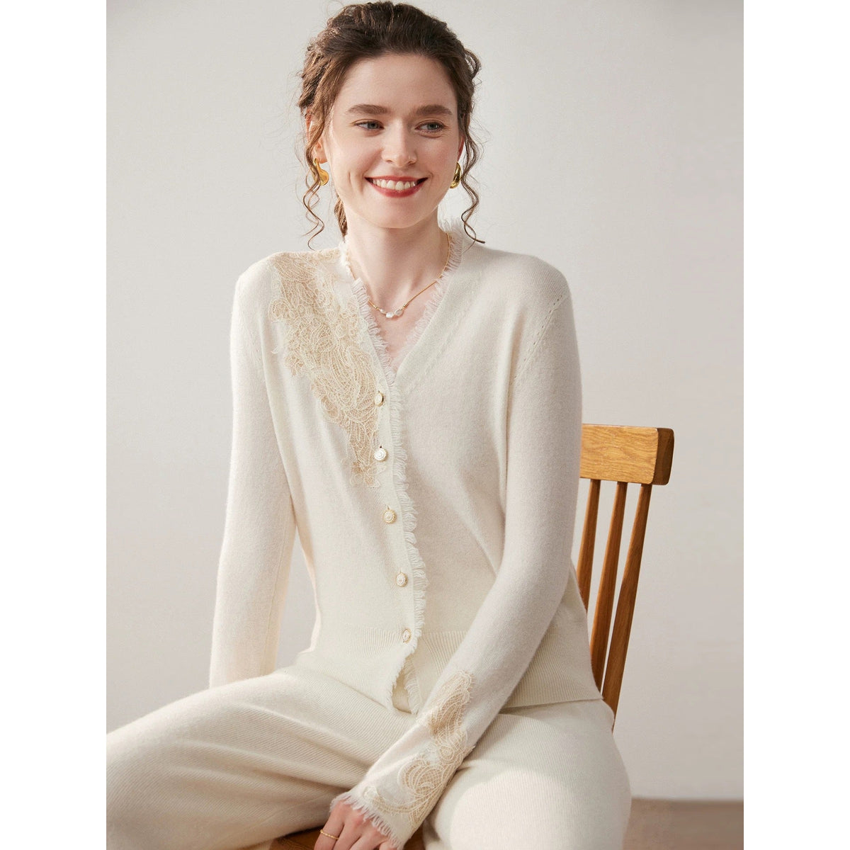 Margaux | Womens Lace Trim Cashmere V Neck Cardigan Knitted Jumper - 4