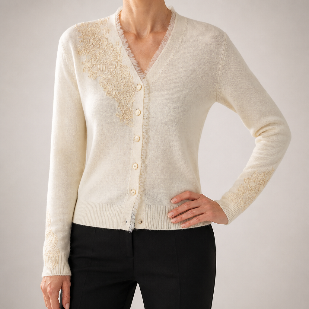 Margaux | Womens Lace Trim Cashmere V Neck Cardigan Knitted Jumper, White