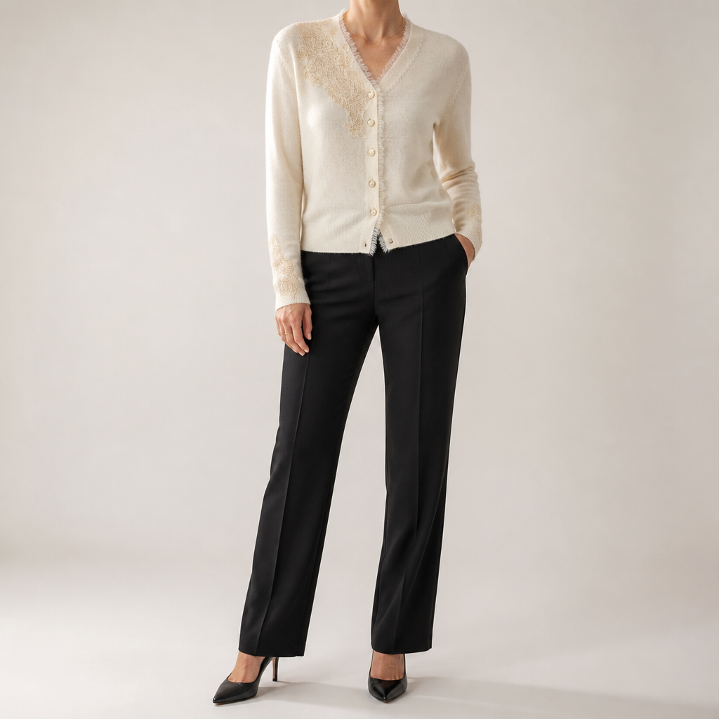 Margaux | Womens Lace Trim Cashmere V Neck Cardigan Knitted Jumper, White