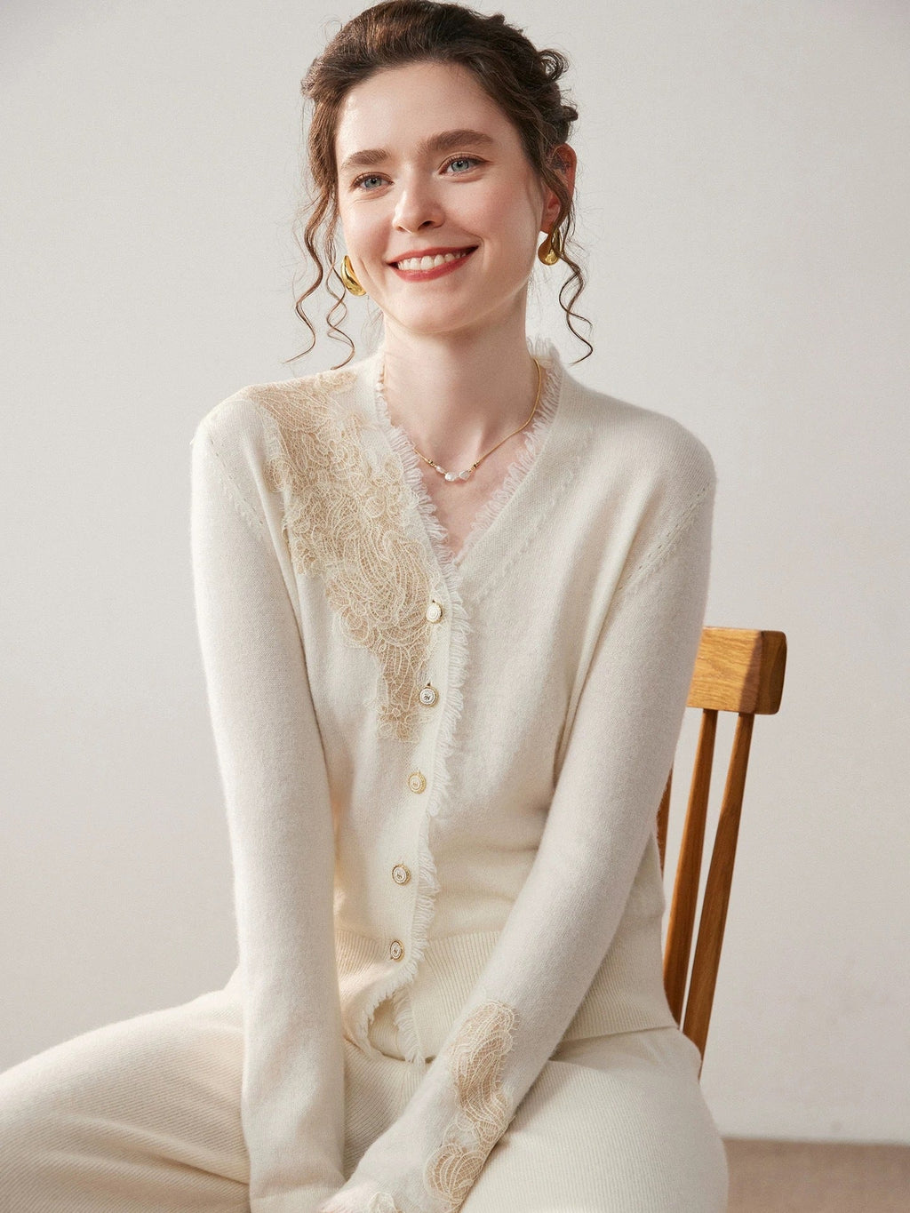 Margaux | Womens Lace Trim Cashmere V Neck Cardigan Knitted Jumper - White