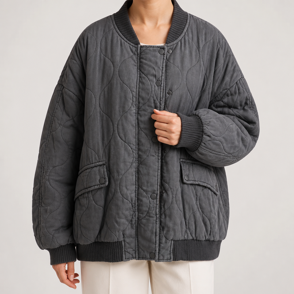 Margot | Womens Quilted Padded Washed Cotton Winter Black Bomber Jacket, Grey