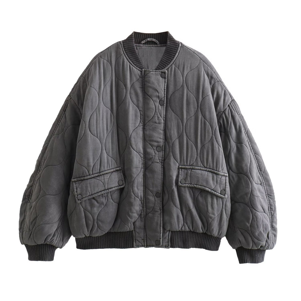Margot | Womens Quilted Washed Cotton Padded Winter Bomber Black Autumn Jacket - Grey