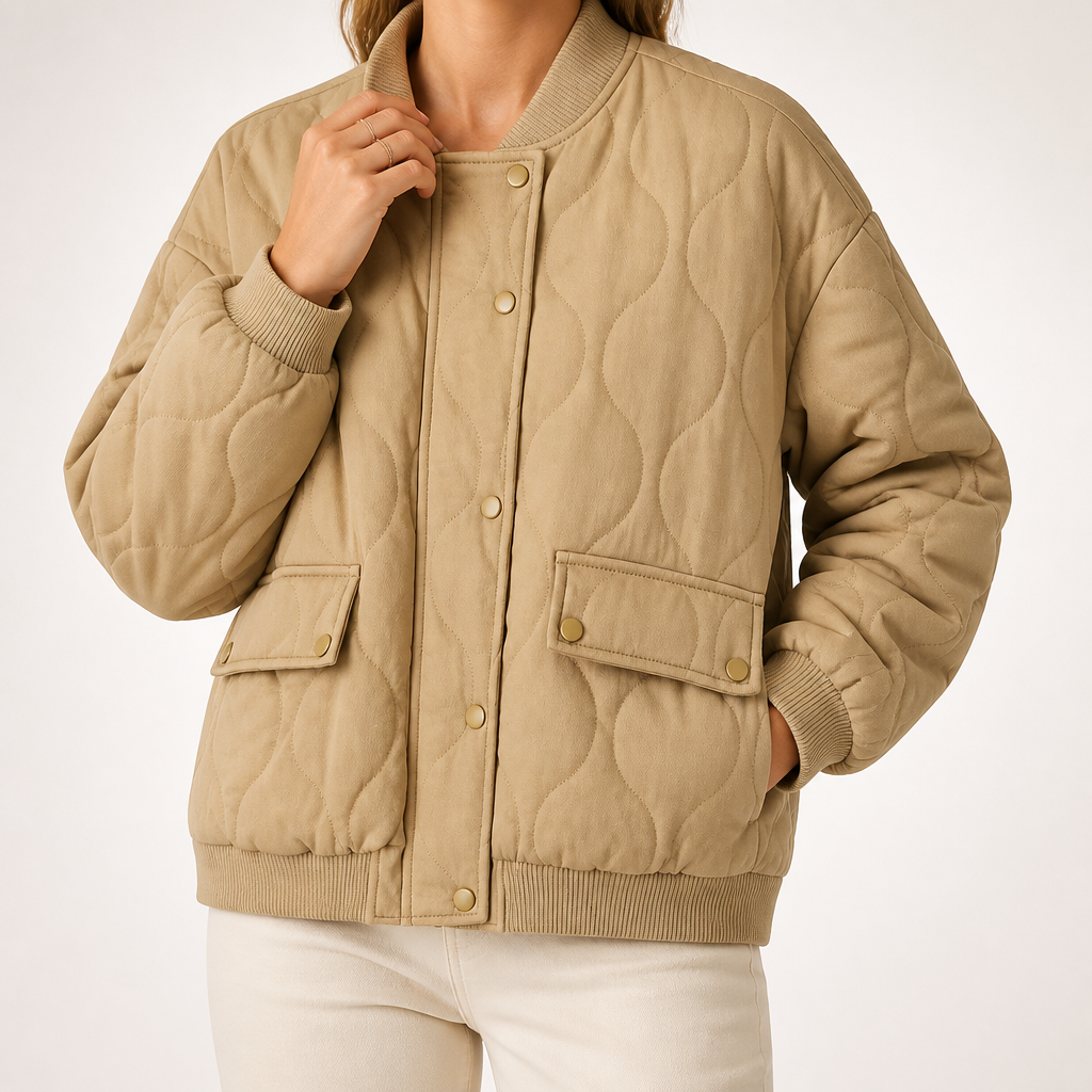 Margot | Womens Quilted Padded Washed Cotton Winter Black Bomber Jacket, Khaki