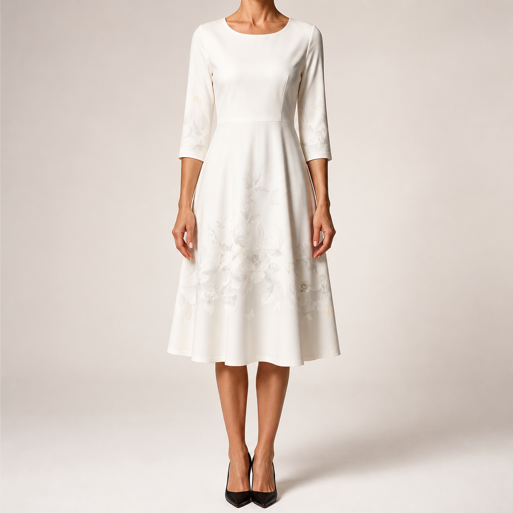 Marguerite | Womens Wedding Guest Floral Round Neck Straight Midi Dress, White