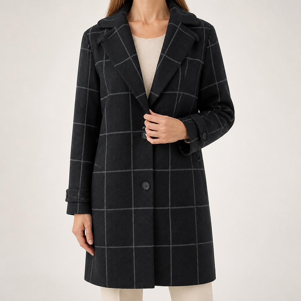 Maribel | Womens Plaid Check Mid Length Winter Coat, Black