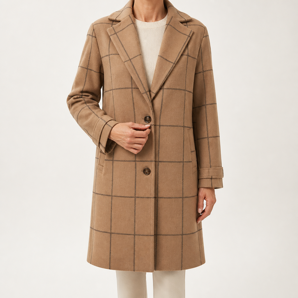 Maribel | Womens Plaid Check Mid Length Winter Coat, Camel