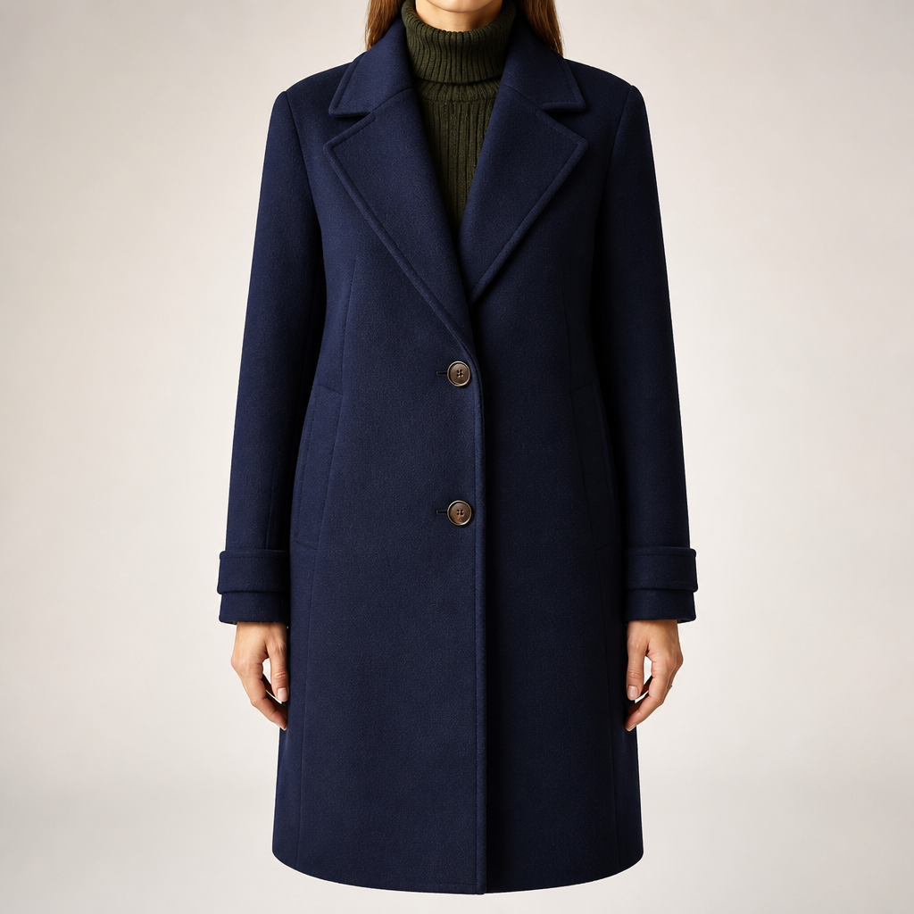 Maribel | Womens Plaid Check Mid Length Winter Coat, Dark Blue