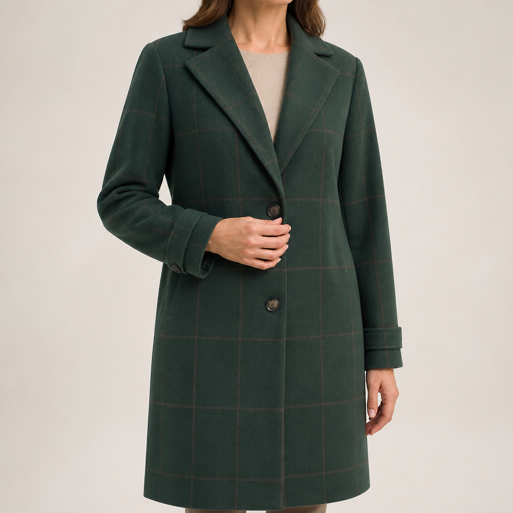 Maribel | Womens Plaid Check Mid Length Winter Coat, Dark Green