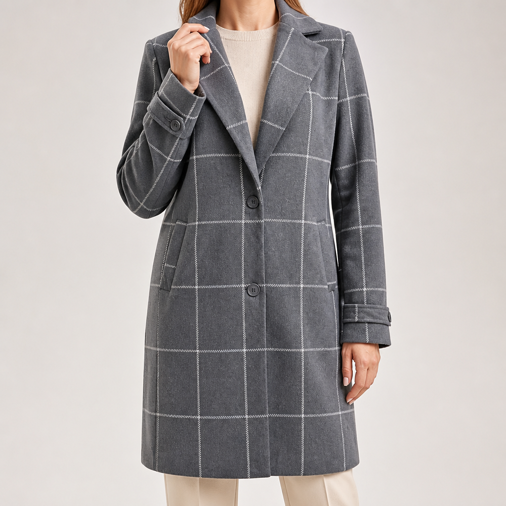 Maribel | Womens Plaid Check Mid Length Winter Coat, Grey
