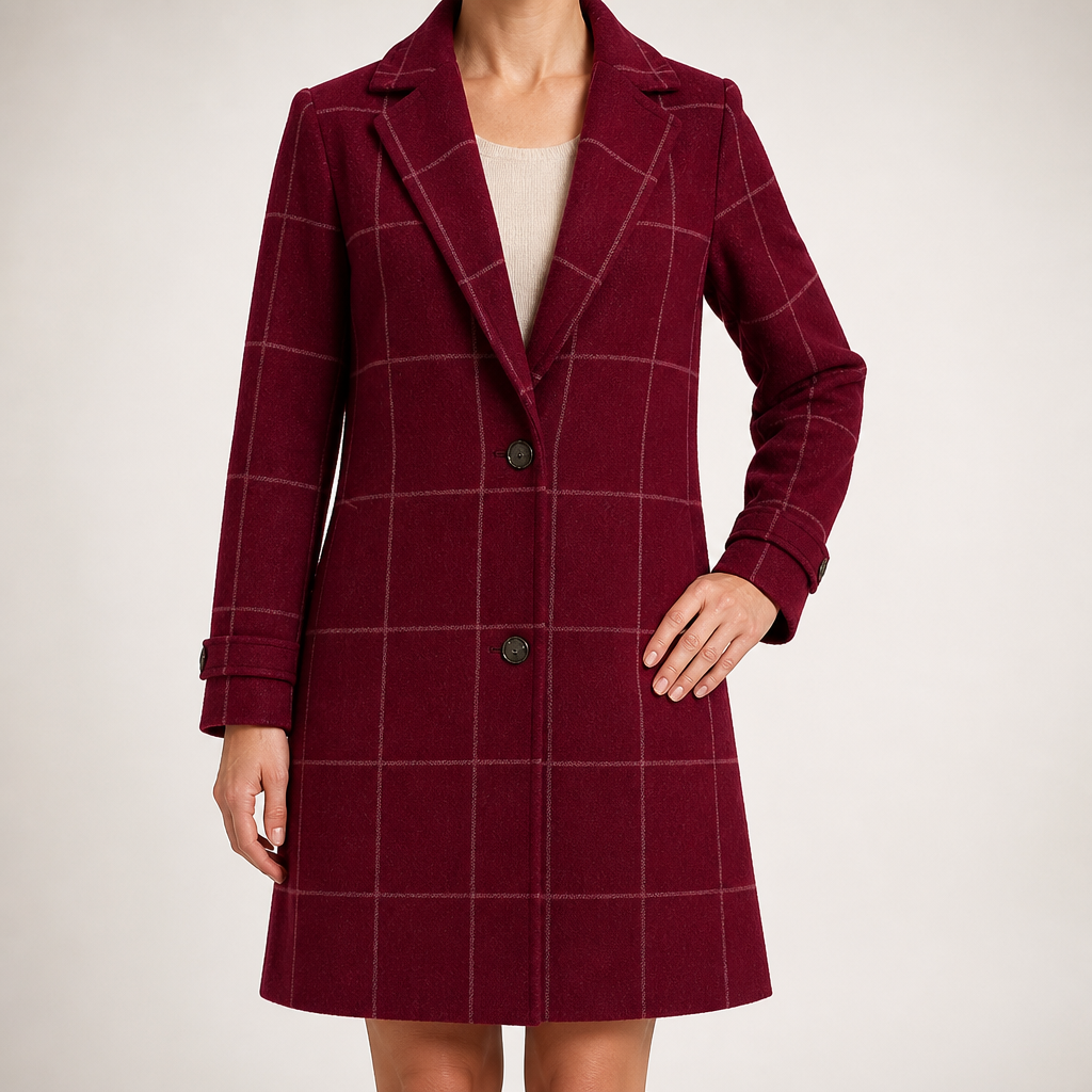 Maribel | Womens Plaid Check Mid Length Winter Coat, Wine Red