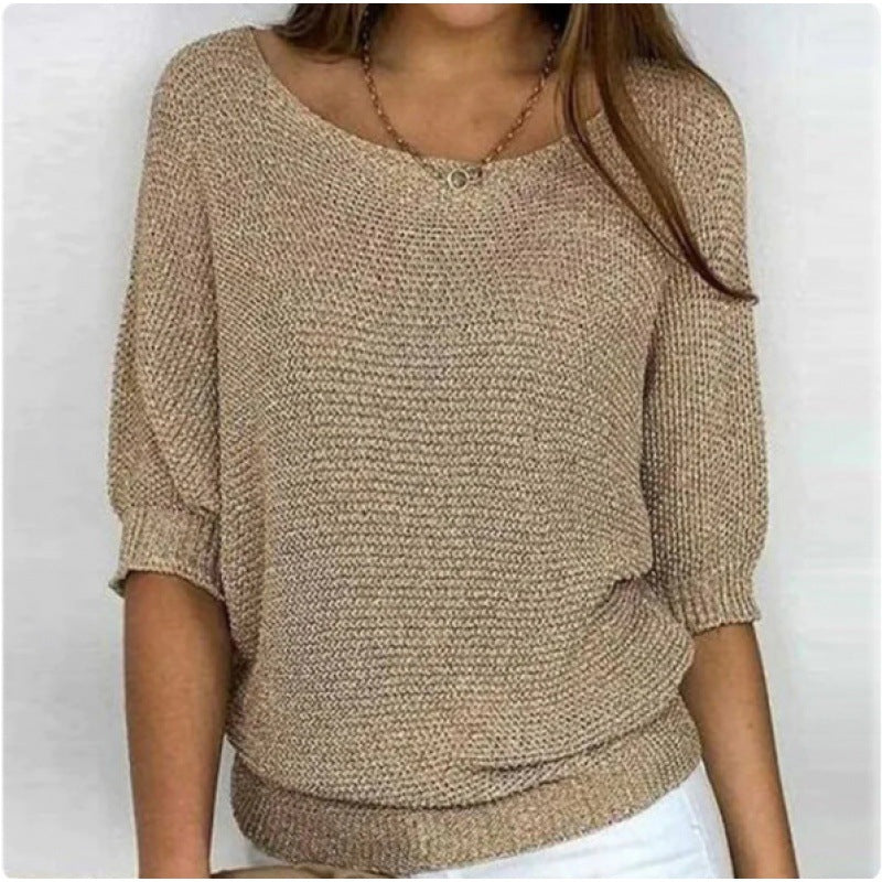 Marielle | Womens Round Neck Knitted Jumper Elegant Three Quarter Sleeve Top - 10