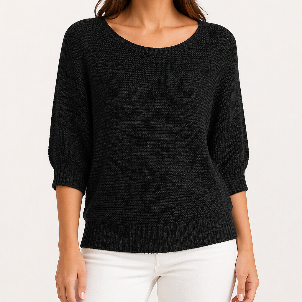 Marielle | Womens Knitted Jumper Round Neck Three Quarter Sleeve Sweater, Black