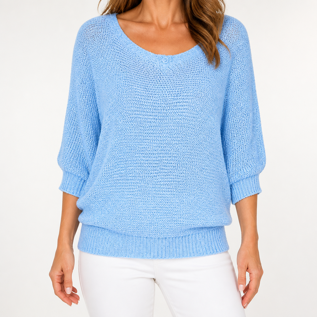 Marielle | Womens Knitted Jumper Round Neck Three Quarter Sleeve Sweater, Blue 2