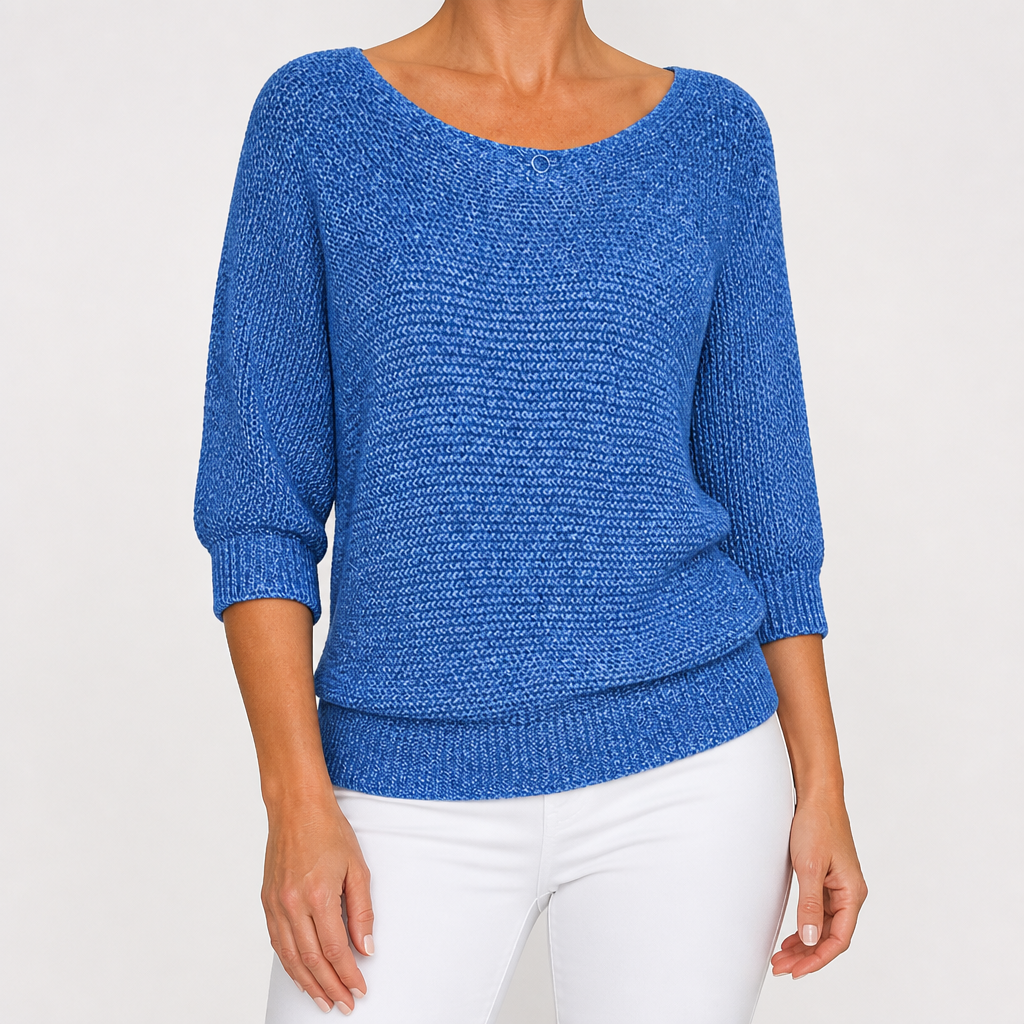 Marielle | Womens Knitted Jumper Round Neck Three Quarter Sleeve Sweater, Blue