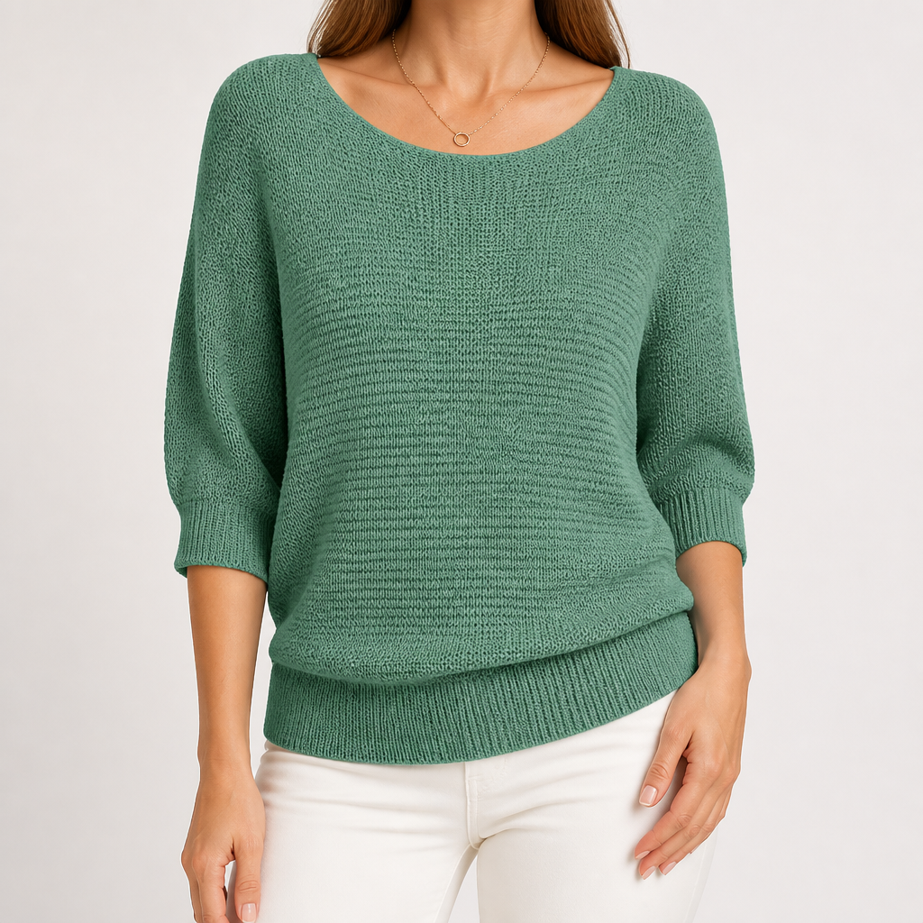 Marielle | Womens Knitted Jumper Round Neck Three Quarter Sleeve Sweater, Green