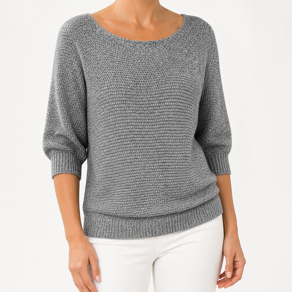 Marielle | Womens Knitted Jumper Round Neck Three Quarter Sleeve Sweater, Grey