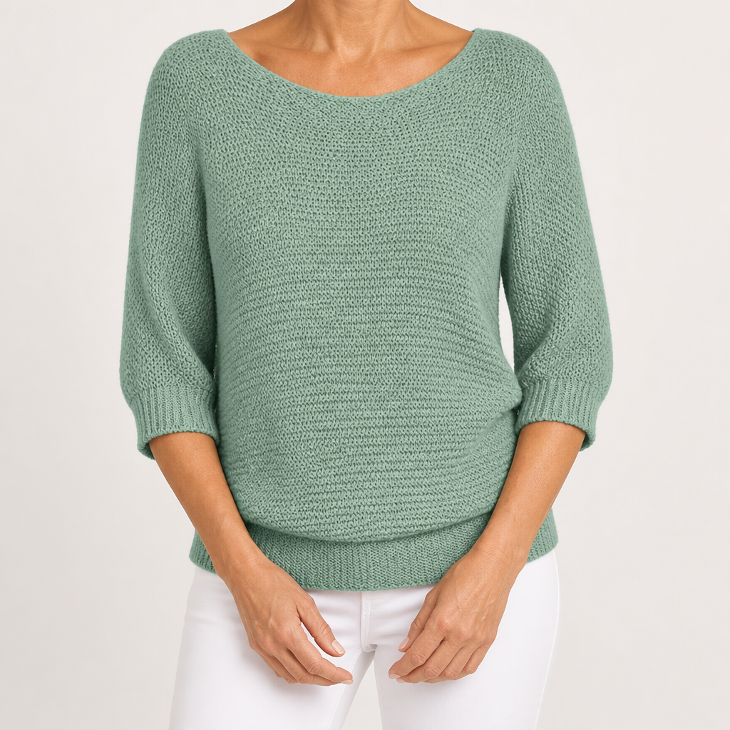 Marielle | Womens Knitted Jumper Round Neck Three Quarter Sleeve Sweater, Light Green
