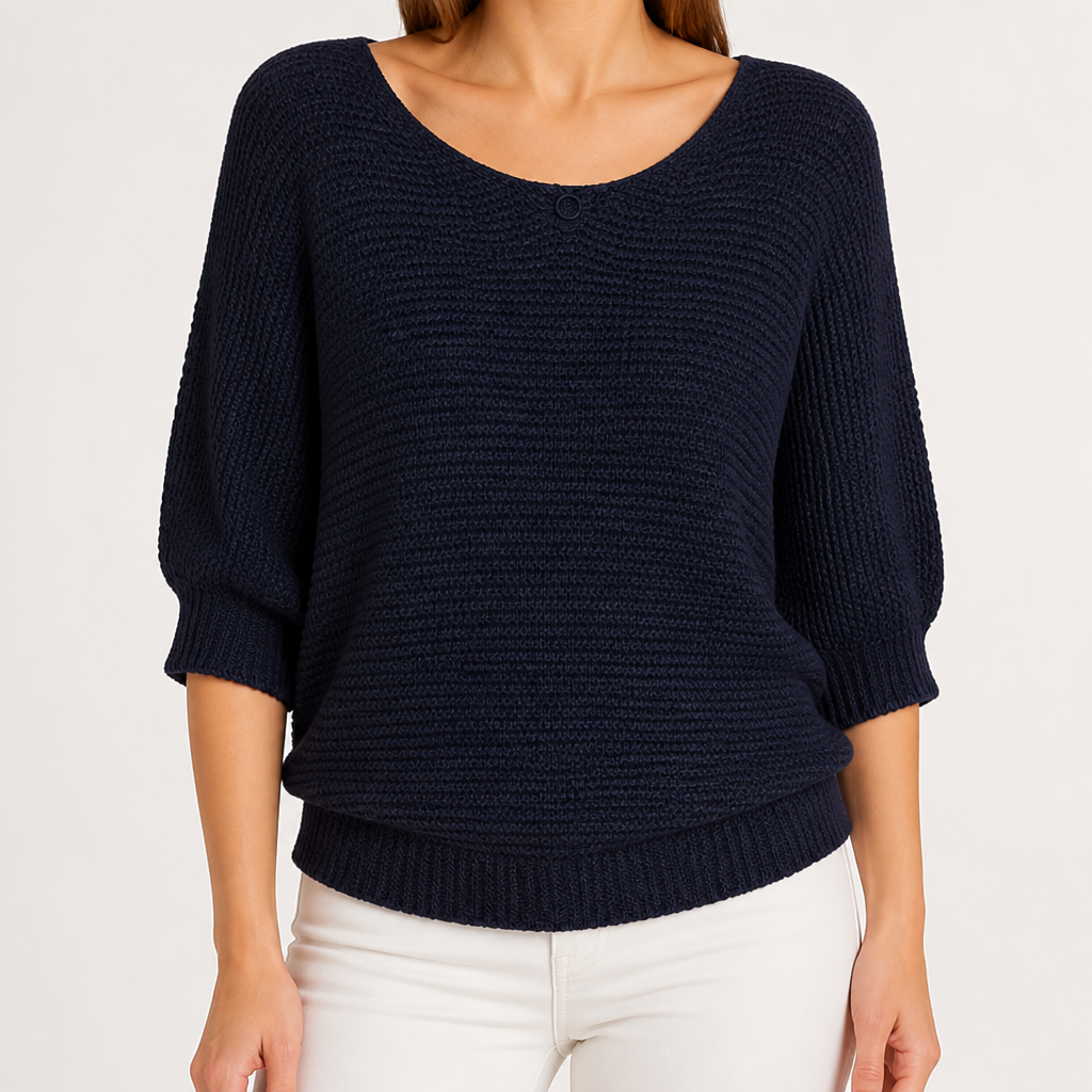 Marielle | Womens Knitted Jumper Round Neck Three Quarter Sleeve Sweater, Navy