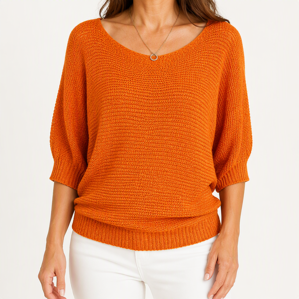 Marielle | Womens Knitted Jumper Round Neck Three Quarter Sleeve Sweater, Orange