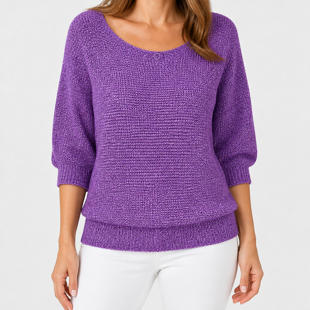 Marielle | Womens Knitted Jumper Round Neck Three Quarter Sleeve Sweater, Purple