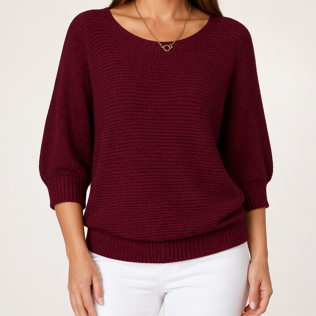 Marielle | Womens Knitted Jumper Round Neck Three Quarter Sleeve Sweater, Red 2