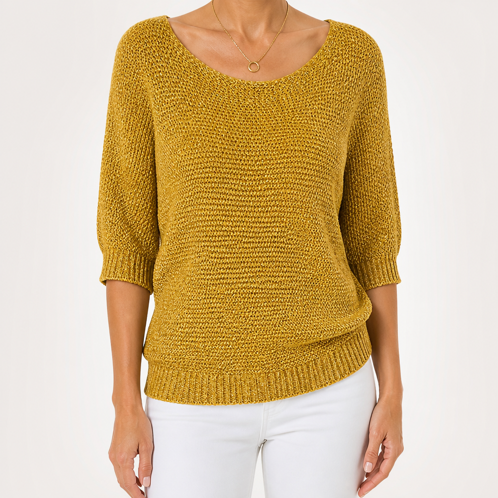 Marielle | Womens Knitted Jumper Round Neck Three Quarter Sleeve Sweater, Yellow